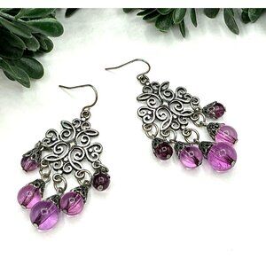 Vintage Inspired Purple Beaded Chandelier Dangle Earrings In Antique Silver Tone
